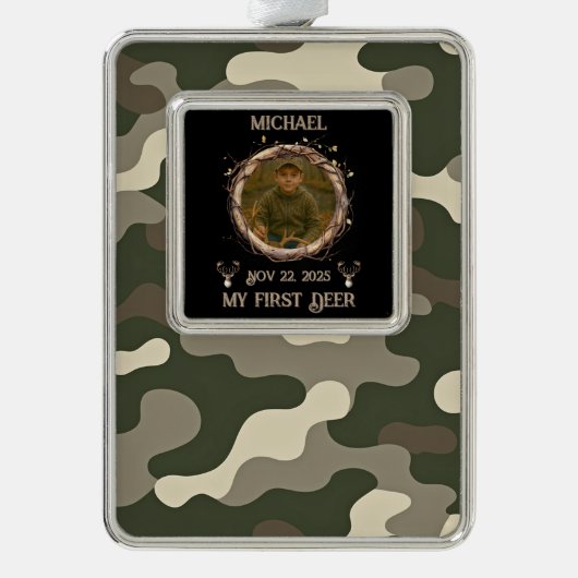 Camouflage Woodland First Deer Photo Frame  Rahmen-Ornament Silber (Vorderseite)