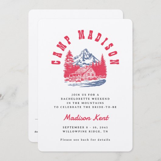 Camp Bachelorette Bold Retro Mountain Wedding Einladung (Vorne/Hinten)