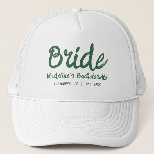 Camp Bachelorette Bride Hand Schreiben Grün Truckerkappe (Vorderseite)