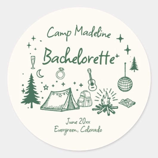 Camp Bachelorette Camping Handgezeichnet Schreiben Runder Aufkleber (Vorderseite)