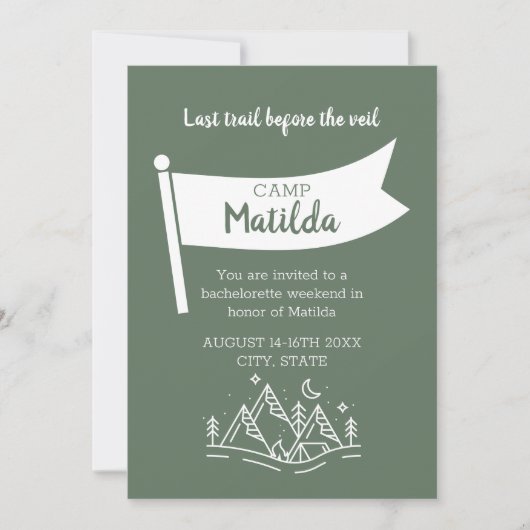 Camp Bachelorette Forest Green Weekend Itinerary Einladung (Vorderseite)