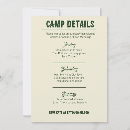Camp Bachelorette Green Pennant Einladung (Rückseite)