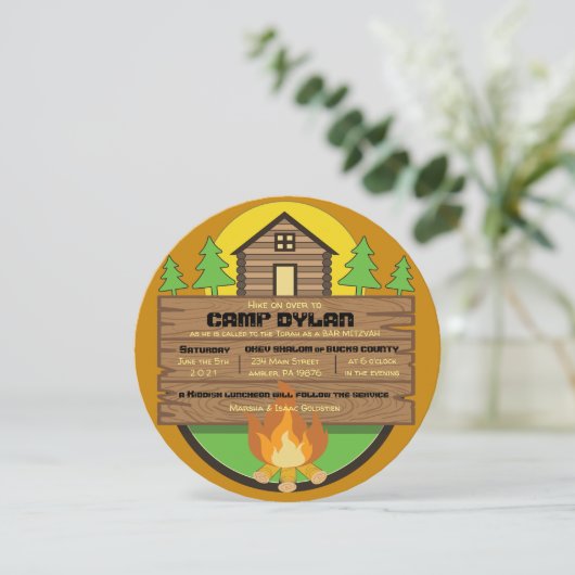 CAMP Bat Mitzvah Bar Mitzvah ROUND Einladung (Stehend Vorderseite)