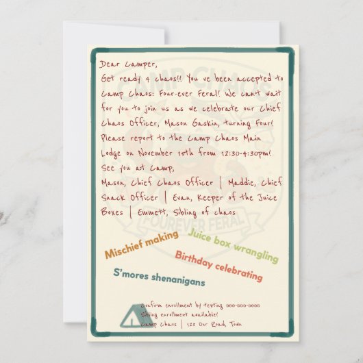 Camp Chaos: Forever Feral 4th Birthday Invitation Einladung (Vorderseite)