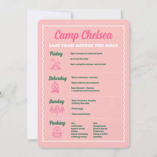 Camp Junggeselinnen-Abschied Weekend Einladung (Rückseite)