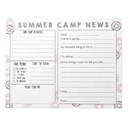 Camp Letter ausfüllen - Niedliche Summer Camp Stat Notizblock (Vorderseite)