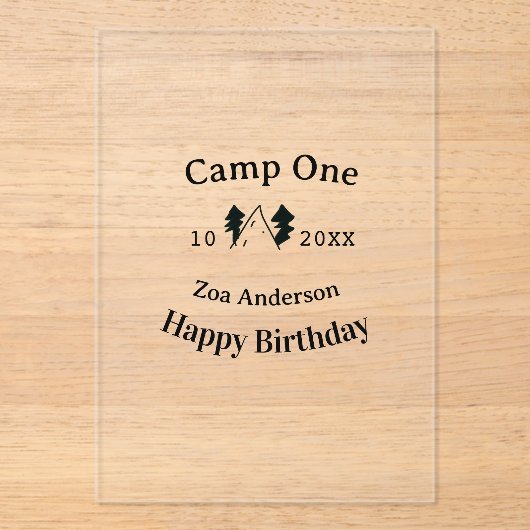 Camp one happy birthday name date campingadventure acryleinladungen (Vorderseite)
