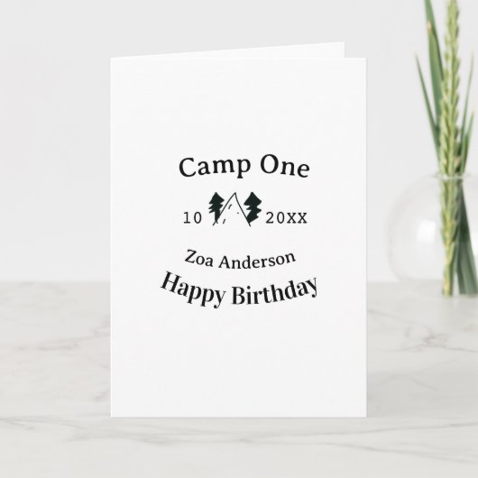 Camp one happy birthday name date campingadventure karte (Vorderseite)