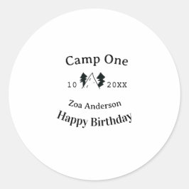 Camp one happy birthday name date campingadventure runder aufkleber