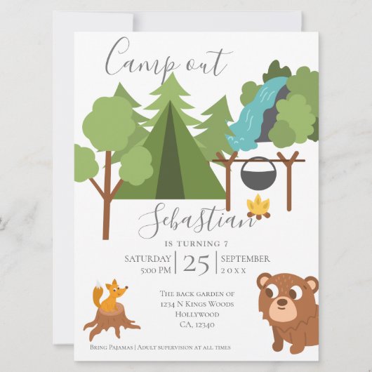 Camp Out Party mit Game auf der Rückseite Einladung (Vorderseite)