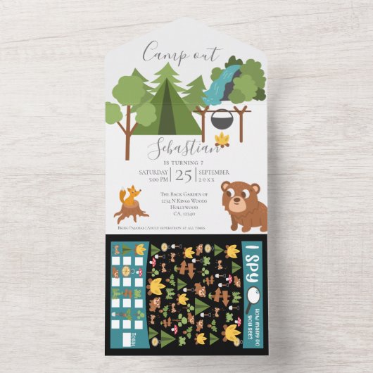 Camp Out Party mit Game on Back Invasion All In One Einladung (Innen Boden)