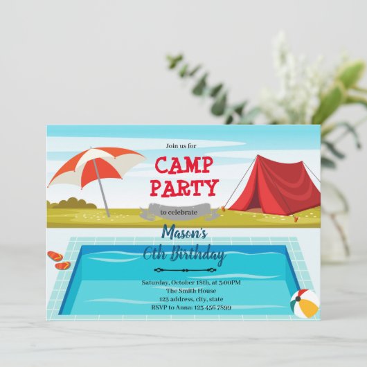 Camp-Pool-Geburtstagsfeier Dankeskarte (Stehend Vorderseite)