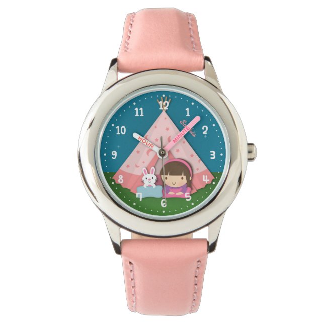 Camp Teepee Zelt Bunny Girls Personalisiert Armbanduhr (Vorderseite)