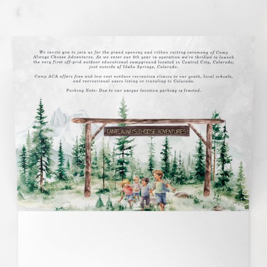 Camp wählt immer Abenteuer aus | Grand Opening Dreifach Gefaltete Einladung (Innen Erste Seite)
