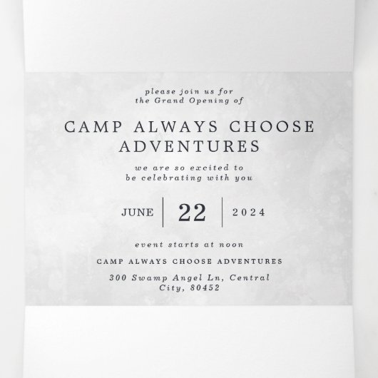 Camp wählt immer Abenteuer aus | Grand Opening Dreifach Gefaltete Einladung (Innenseite Mitte)