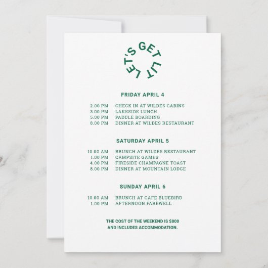 Camp Weekend Forest Green Junggeselinnen-Abschied Einladung (Rückseite)