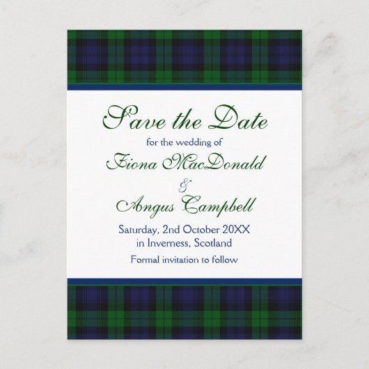 Campbell Black Watch Tartan Hochzeit Speichern Sie Ankündigungspostkarte (Vorderseite)