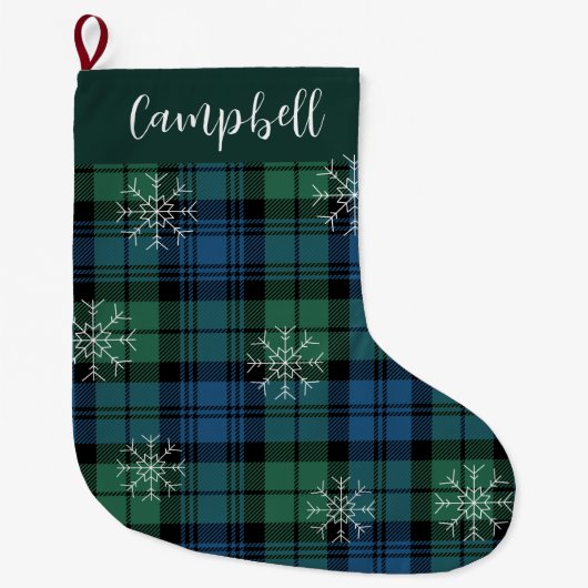 Campbell Tartan Green Blue Snowflakes Rustikal Kar Großer Weihnachtsstrumpf (Vorderseite)