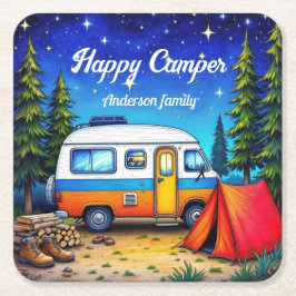 Camper Camping Blaue Natur Wasserfarbe Rechteckiger Pappuntersetzer