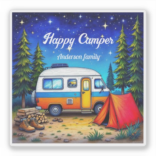 Camper Camping Blue Green Watercolor Aufkleber (Vorderseite)