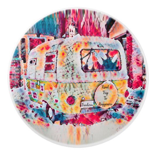 Camper Retro Hippie Road Reise zum Glück Freiheit Keramikknauf (Vorderseite)