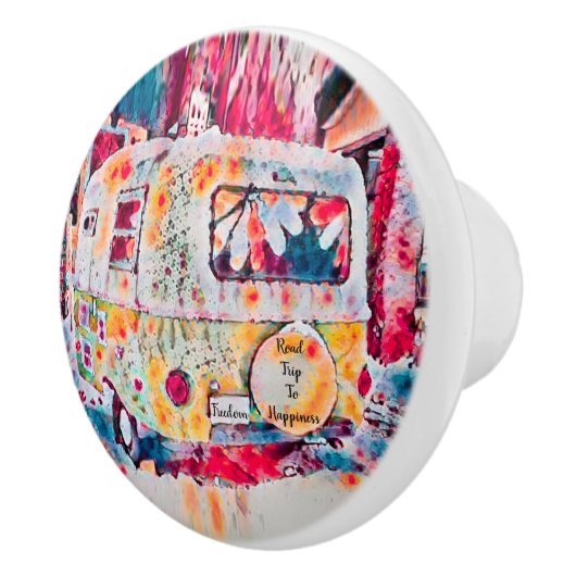 Camper Retro Hippie Road Reise zum Glück Freiheit Keramikknauf (Rechts)