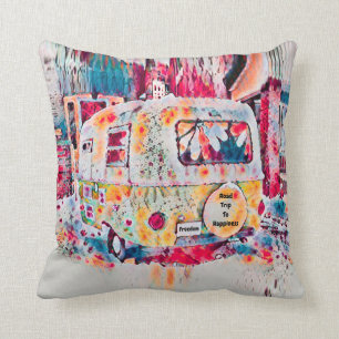 Camper Retro Hippie Road Reise zum Glück Freiheit Kissen