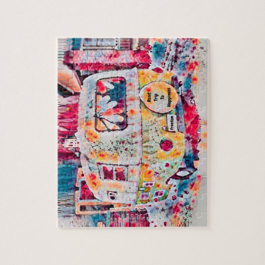 Camper Retro Hippie Road Trip zum Glück Freiheit Puzzle (Vertikal)
