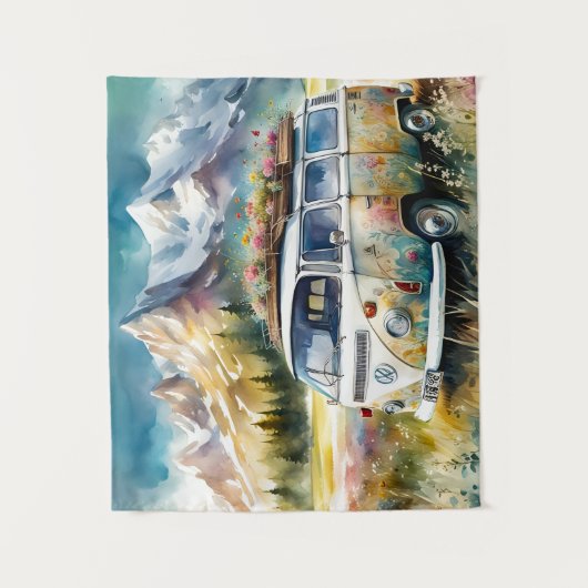 Campervan Bliss Retro Campervan im Gebirge Wandteppich (Vorderseite)