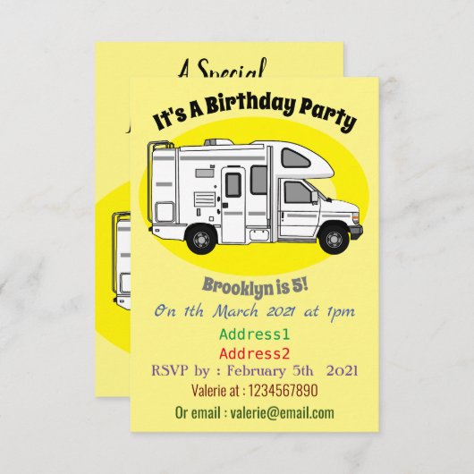 Campervan Cartoon Illustration Einladung (Vorne/Hinten)