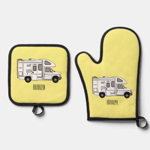 Campervan Cartoon Illustration Ofenhandschuh & Topflappen-Set