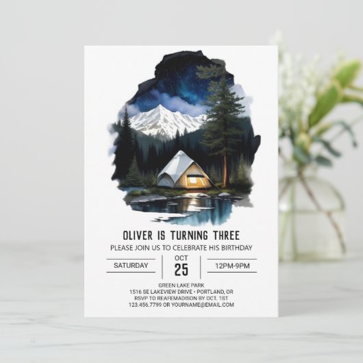 Campfire by River Birthday Einladung (Stehend Vorderseite)