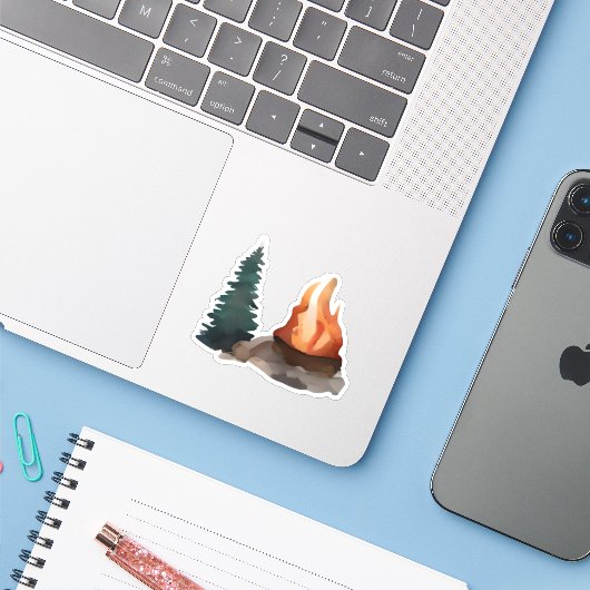 Campfire Under Pines Aufkleber (Laptop mit iPhone)