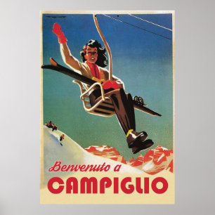 Campiglio, Frau auf einem Skilift Poster