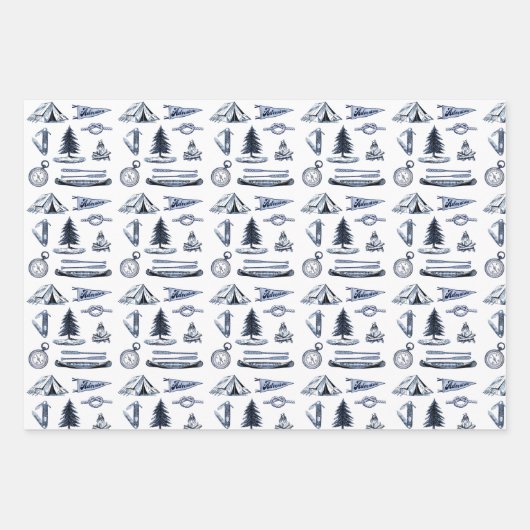 Camping Adventure Blue HandGezeichnet Wrapping Pap Geschenkpapier Set (Vorderseite)