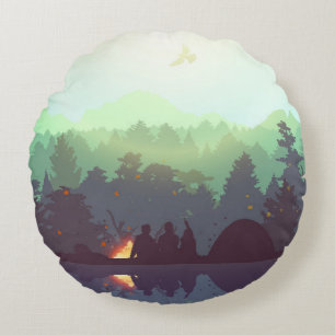 Camping Adventure Forest Mountain Illustration Rundes Kissen