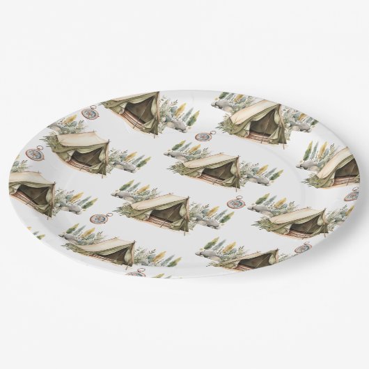 Camping Adventure Kindergeburtstag Party Muster Pappteller (Schrägansicht)