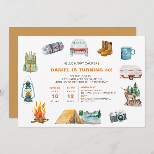 Camping Aquarellbilder im Freien Geburtstag Einladung (Vorne/Hinten)