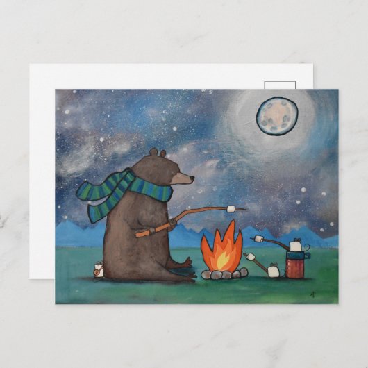 Camping Bären und Mäuse Roasting Marshmallows Postkarte (Vorne/Hinten)