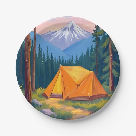 Camping-Berg-Aquarellmalerei Pappteller (Vorderseite)