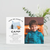 Camping Birthday Party Blue Zelt Foto Einladung (Stehend Vorderseite)