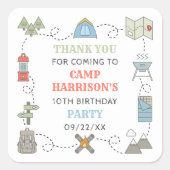 Camping Birthday Party Danke Quadratischer Aufkleber (Vorderseite)