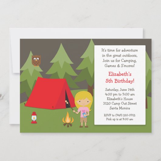 Camping Birthday Party Einladung für Mädchen (Vorderseite)