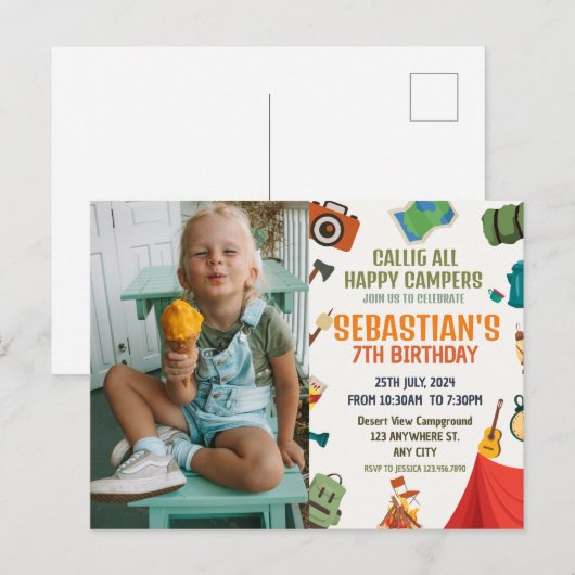 Camping Birthday Party Foto Postkarte (Vorne/Hinten)