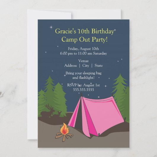 Camping Birthday Party | Mädchen Einladung (Vorderseite)