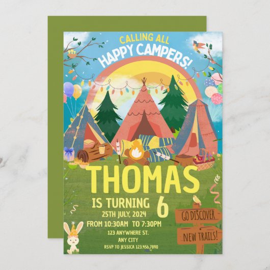 Camping Birthday Party Moderne Kinder Einladung (Vorne/Hinten)