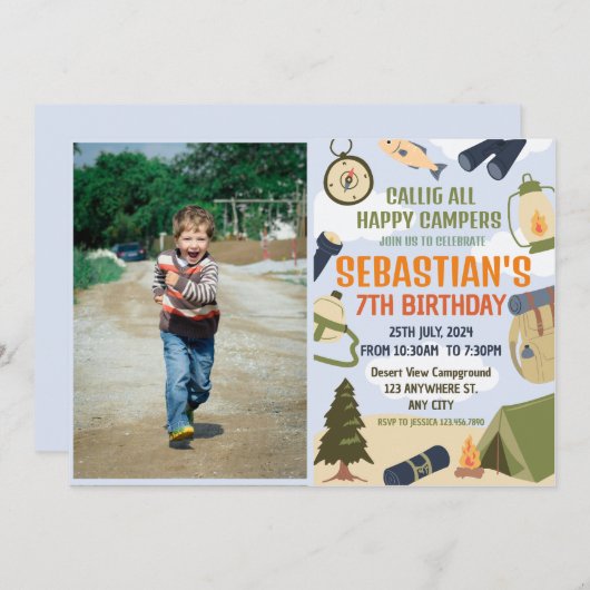 Camping Birthday Party Moderne Kinder Einladung (Vorne/Hinten)