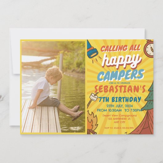 Camping Birthday Party Moderne Kinder Einladung (Vorderseite)