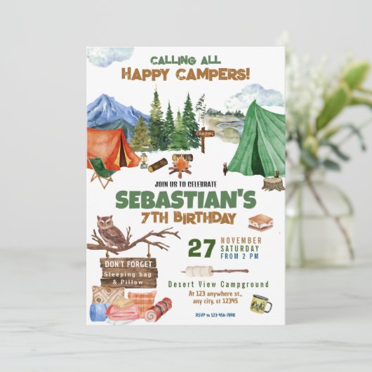 Camping Birthday Party Moderne Kinder Einladung (Stehend Vorderseite)