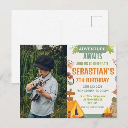 Camping Birthday Party Moderne Kinder Postkarte (Vorne/Hinten)